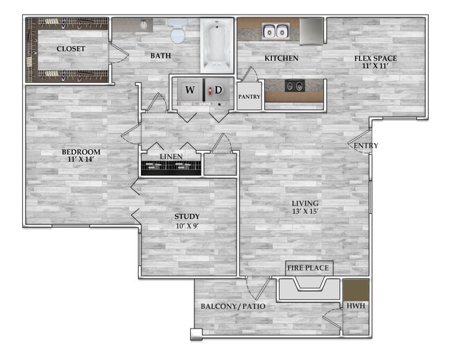 1x1 876 SF 0343 floor plan